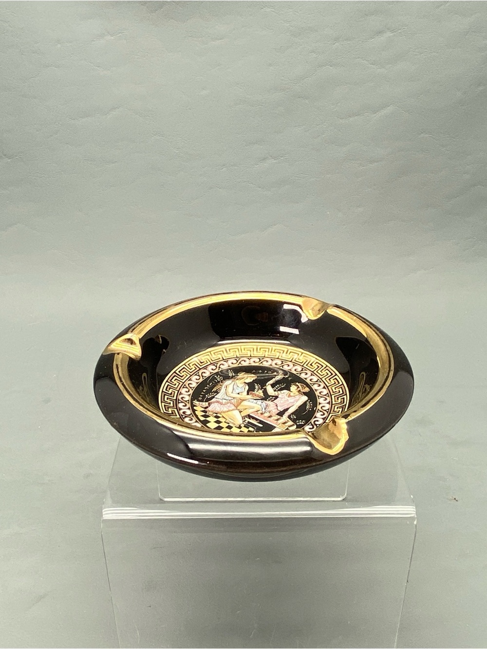 Greek Handmade 24K Gold Ceramic Ashtray S.M. Greece Black Aphrodite 4.5